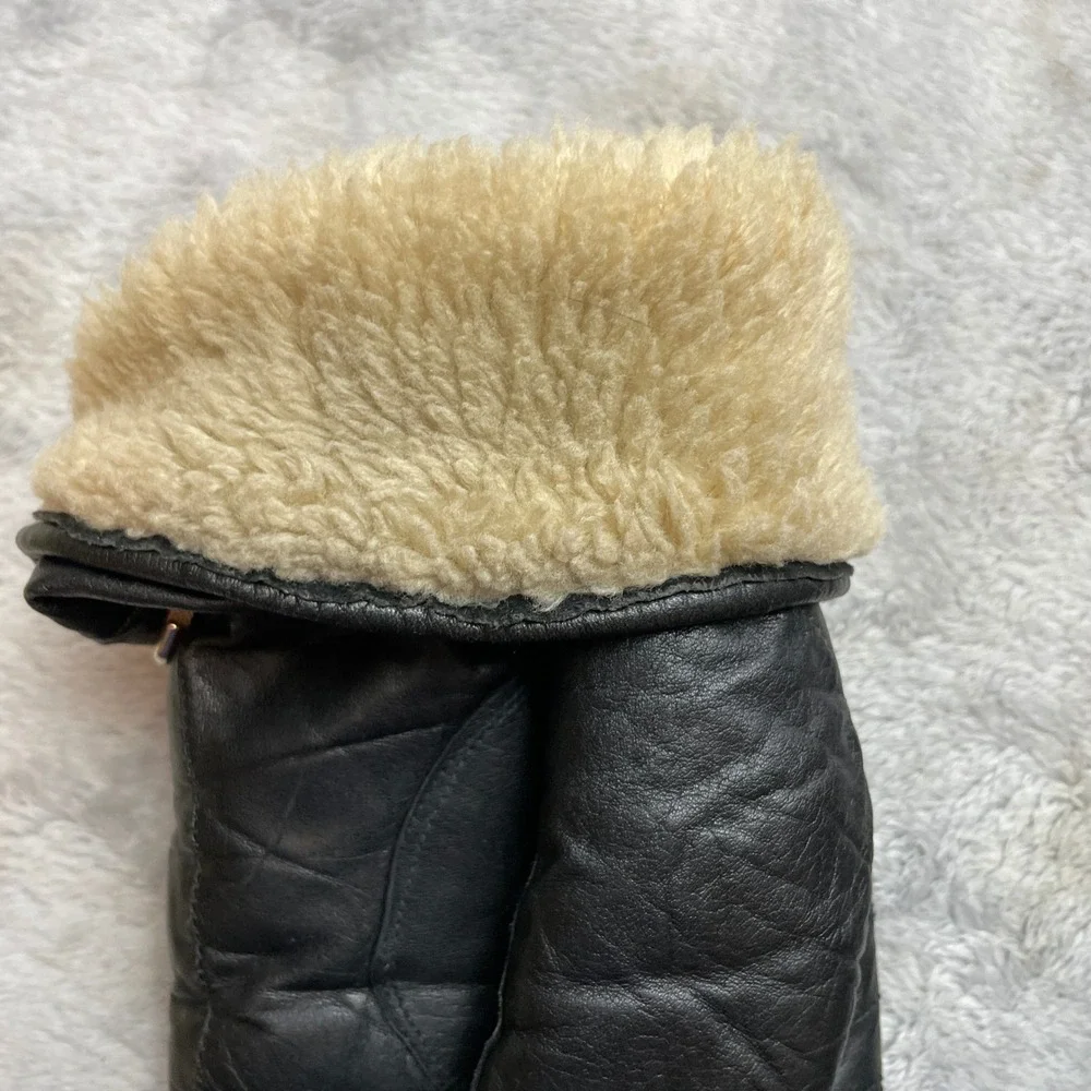 Vtg Olympia Sports Womens Leather Gauntlet Gloves Sz XL Black Cowhide Faux Fur